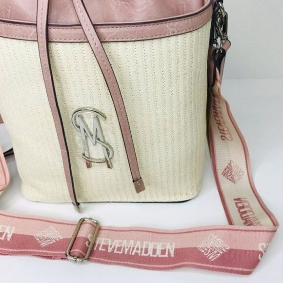 New! Steve Madden Bucket Straw Faux Leather Blush Pink Bohemian Beach TikTok Bag - Picture 7 of 11